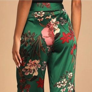 Lulus Thriving Vibes Green Floral Satin Pants